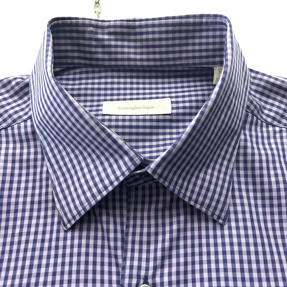 Ermenegildo Zegna Mens XXL Purple Gingham Check Button Down Shirt Made in Italy